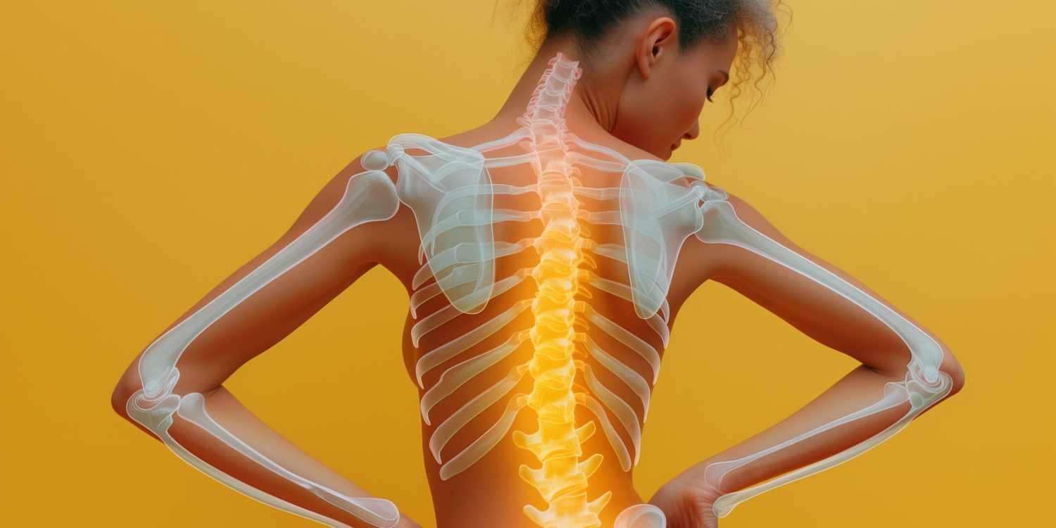 Shoulder-scapular periarthritis, shoulder blades, lumbar and neck pain, intervertebral spine hernia, woman with back pain on yellow background, spinal disc disease, hip joint arthritis