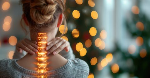 Generative AI, highlighted spine of a woman with neck pain in the office, woman holding neck, copy space Generative AI, highlighted spine of a woman with neck pain in the office, woman holding neck, copy space
