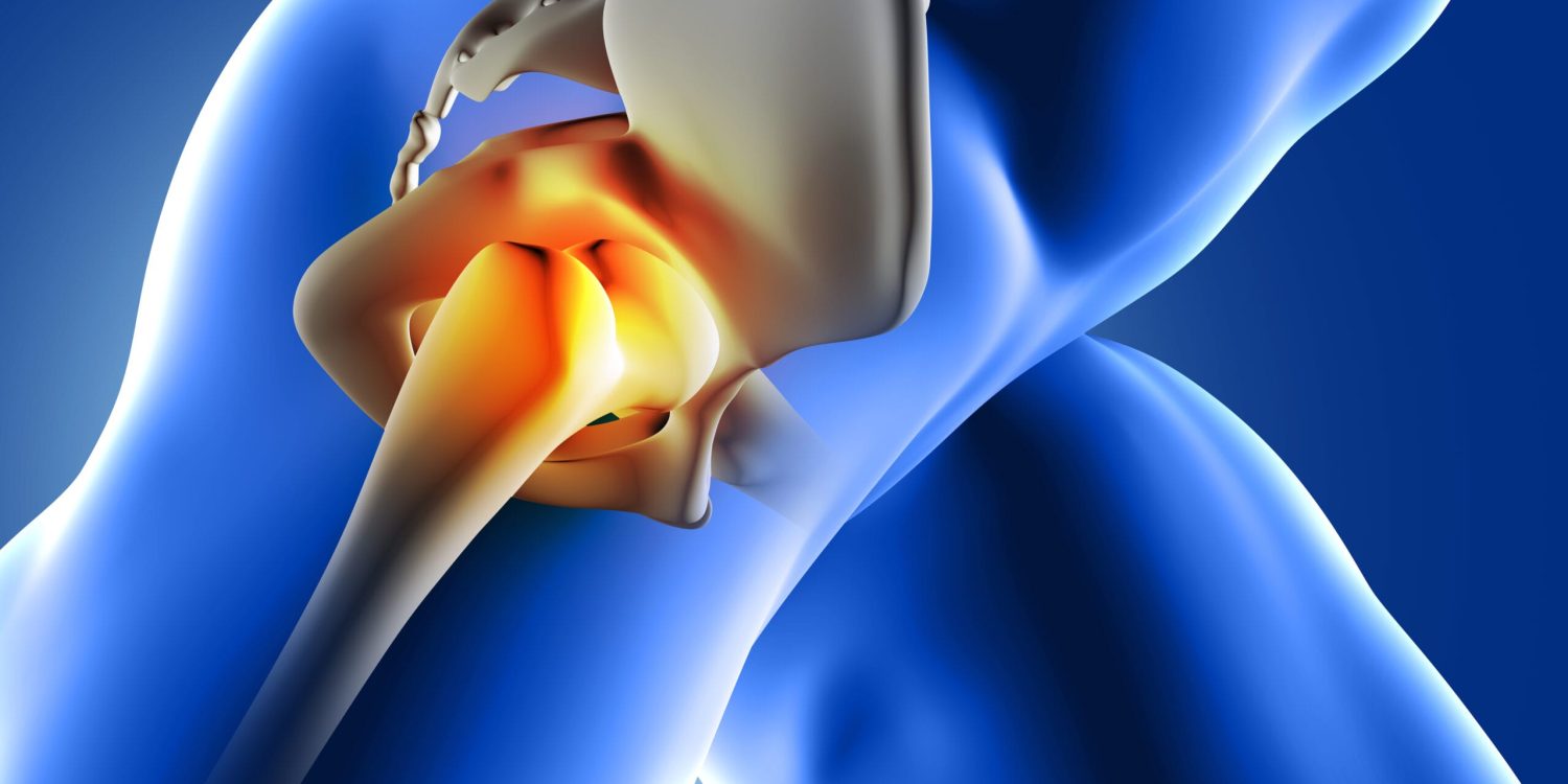 3D blue medical image of hip joint 3D render of a blue medical image of close up of hip joint